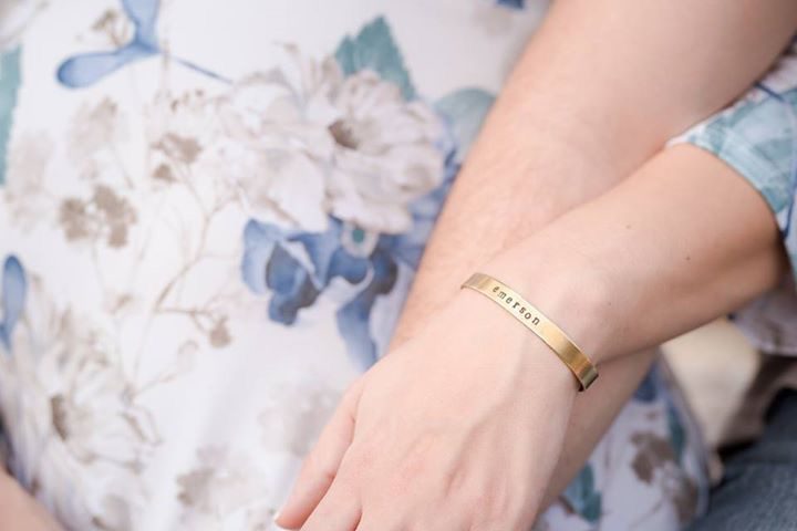 My beautiful, soon-to-be new mama friend, Katie, wearing her bracelet with her baby boy's name. {Photo by Megan Shay Photography}